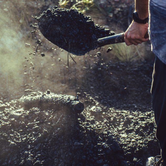 Une personne pelle du charbon de bois au soleil du matin, biochar. Photo Shutterstock